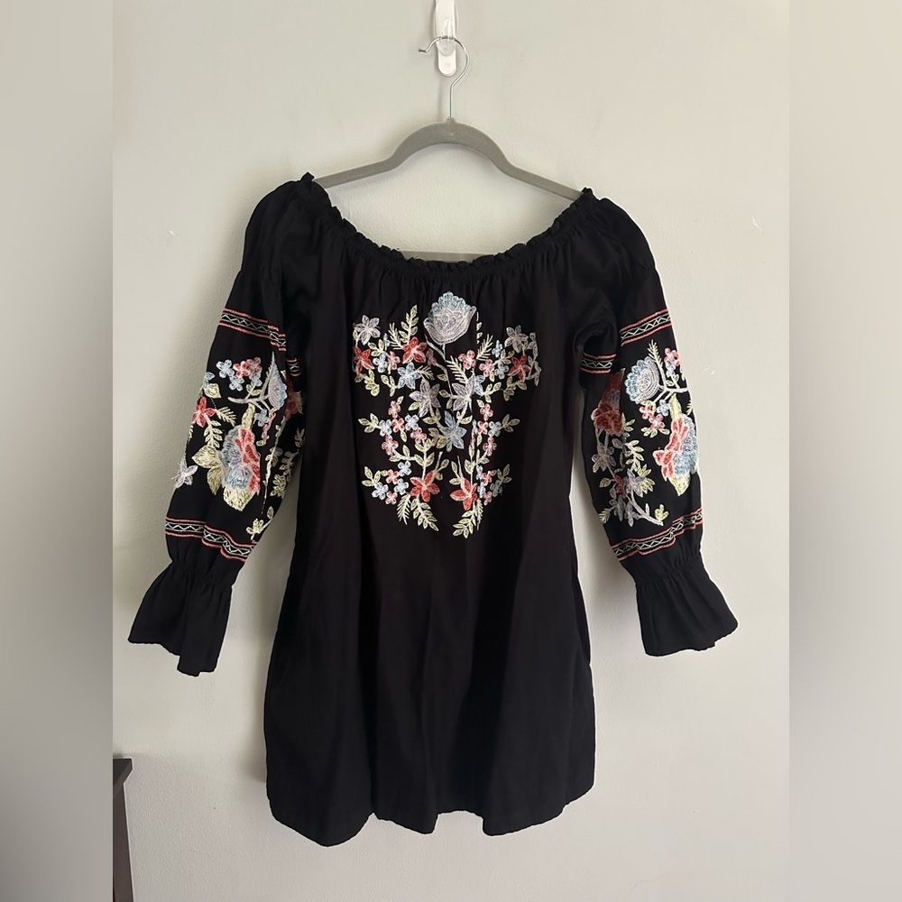 Free People Fleur Du Jour Black Floral Embroidered Off Shoulder Dress Black S - Picture 10 of 15